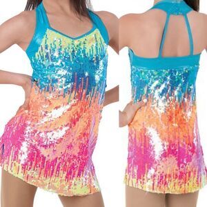 WEISSMAN Dance Costume rainbow OMBRE SEQUIN Neon Lights 9122 child LC